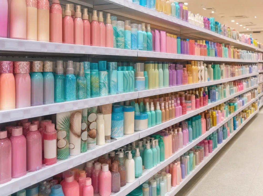 Langes Drogerieregal mit bunten Haarprodukten