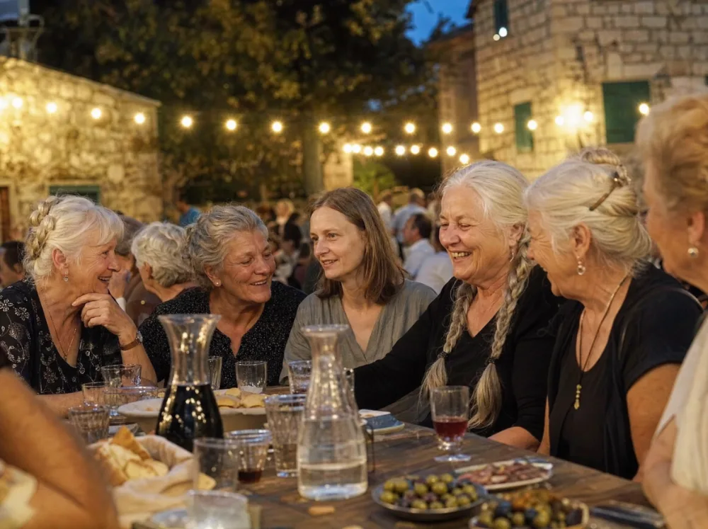 Ältere Frauen mit Zöpfen und Hochsteckfrisuren an einem Tisch beim Dorffest