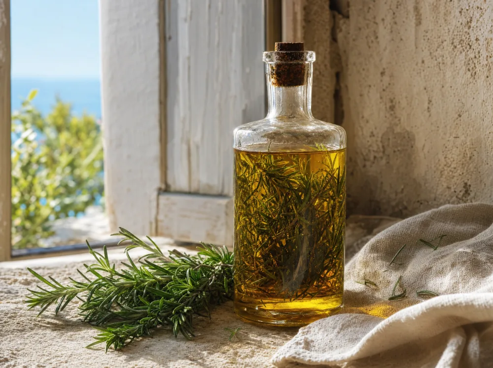 Glasflasche mit Öl und Rosmarinzweigen auf einem sonnigen Steinfensterbrett